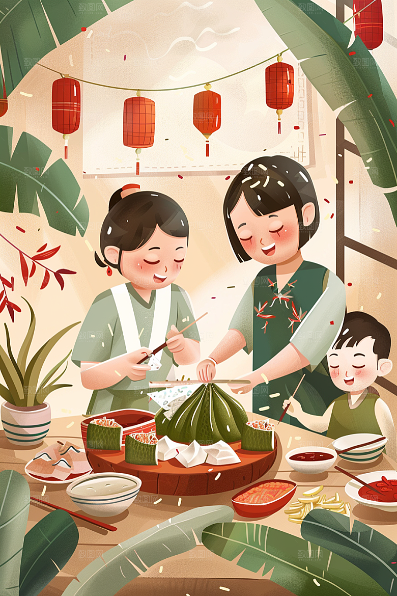 端午包粽子温馨美食插画