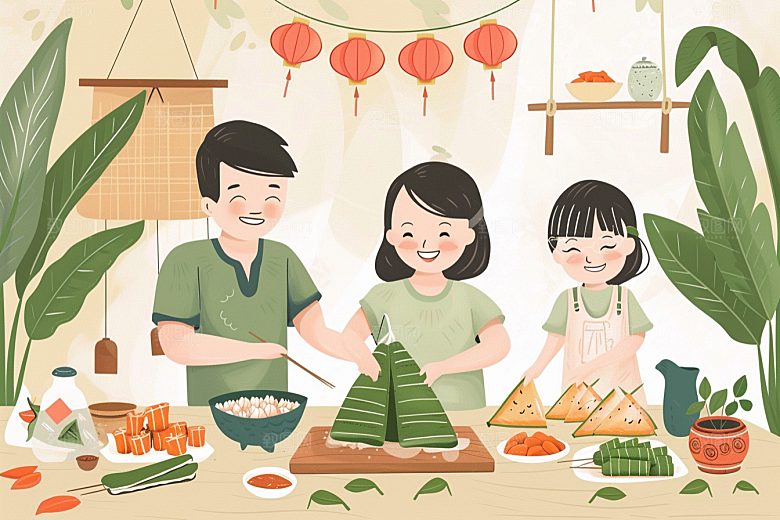 端午包粽子美味节日氛围插画