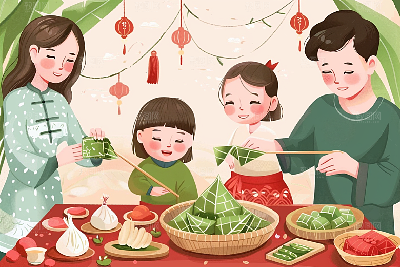 端午包粽子手绘高清插画
