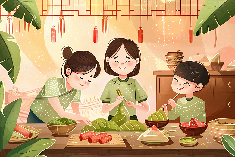 端午包粽子阖家团聚节日插画
