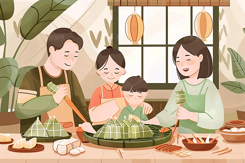 端午包粽子糯米节日插画