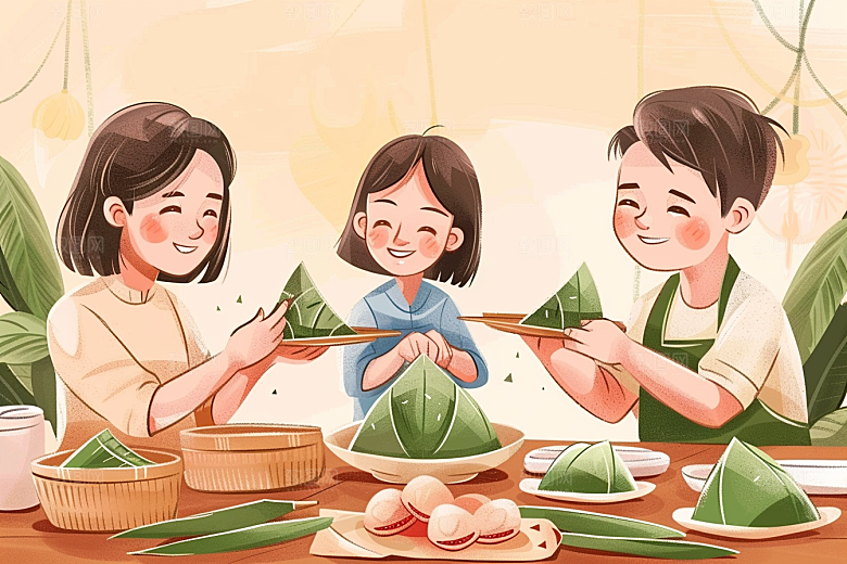 端午包粽子美食高清插画