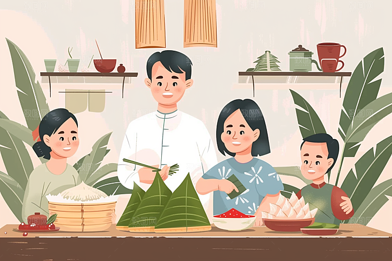 端午包粽子端午节传统文化插画
