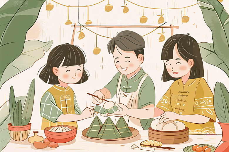 端午包粽子节日氛围糯米插画