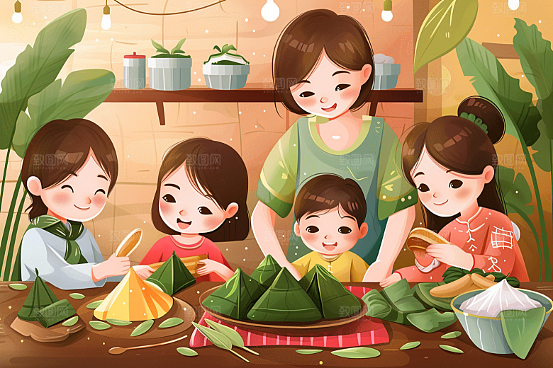 端午包粽子小吃手绘插画