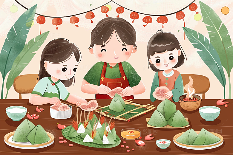 端午包粽子习俗幸福插画