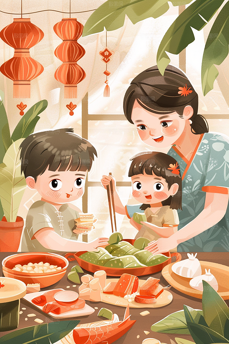端午包粽子阖家团聚糯米插画