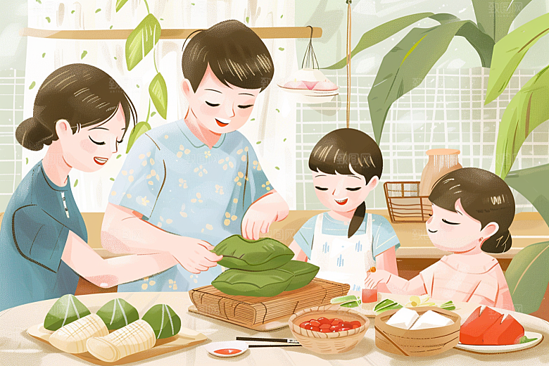 端午包粽子小吃手绘插画