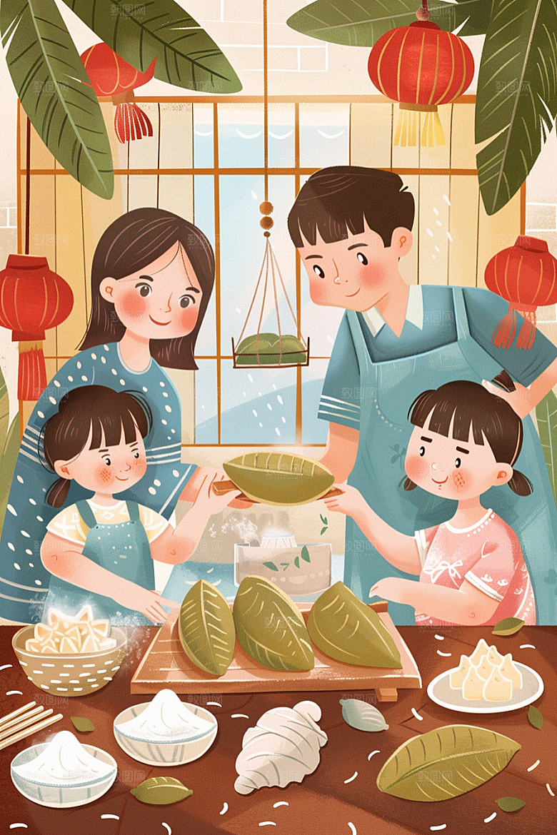 端午包粽子手绘小吃插画