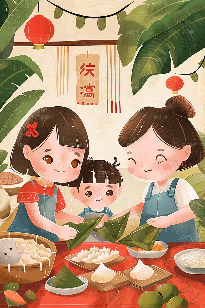 端午包粽子端午节幸福插画