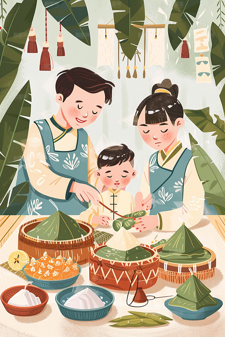 端午包粽子习俗温馨插画