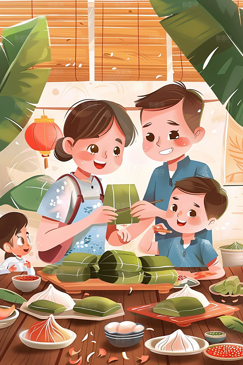 端午包粽子美食高清插画
