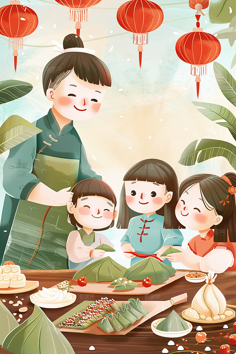 端午包粽子温馨传统文化插画