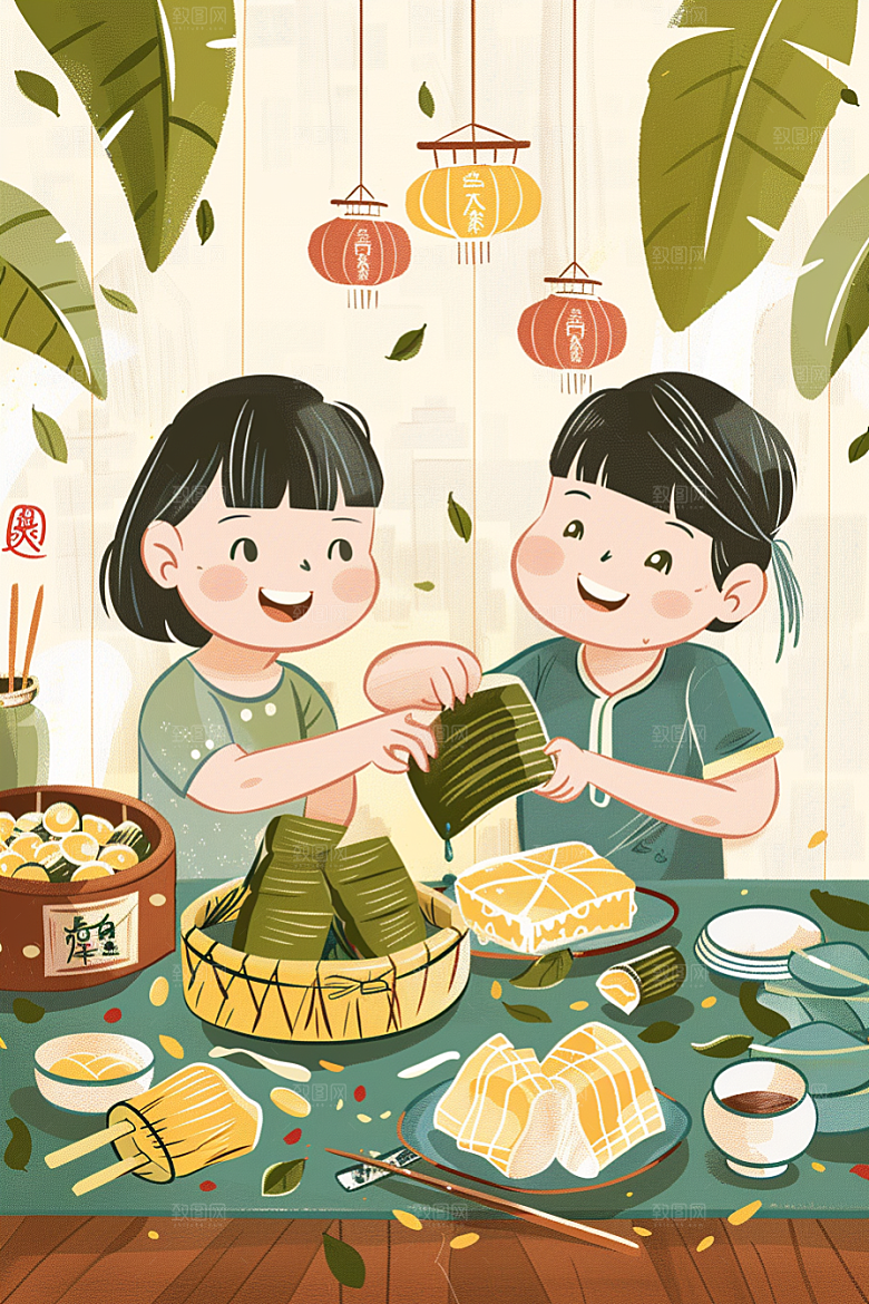 端午包粽子习俗温馨插画