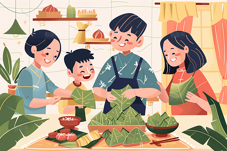 端午包粽子手绘节日氛围插画
