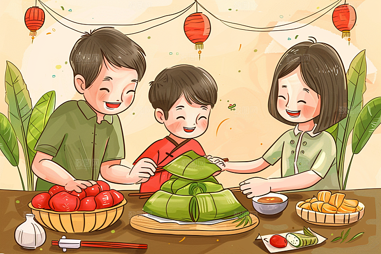 端午包粽子高清阖家团聚插画