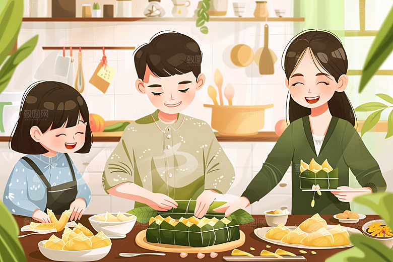 端午包粽子糯米温馨插画