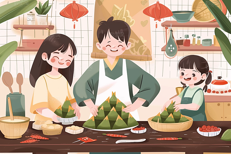 端午包粽子节日氛围手绘插画