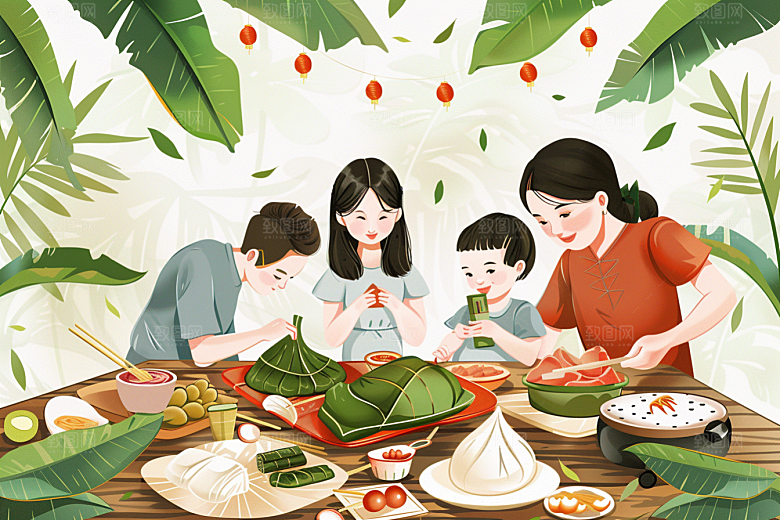 端午包粽子美食节日氛围插画