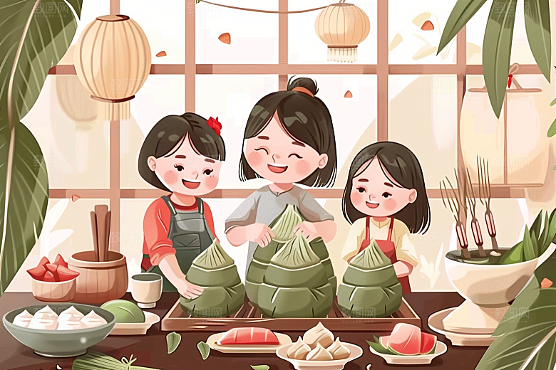 端午包粽子温馨端午节插画