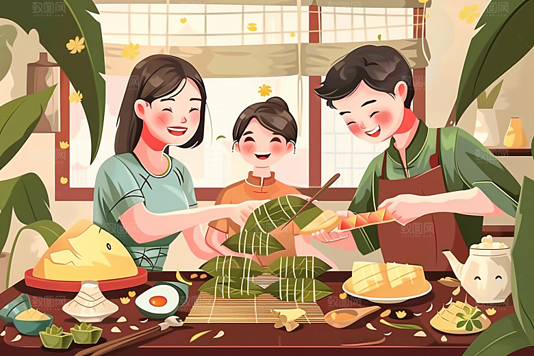 端午包粽子阖家团聚糯米插画