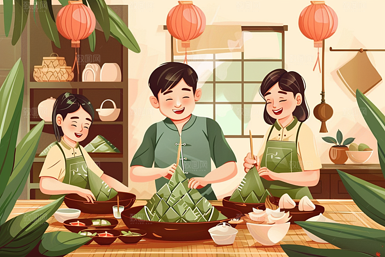 端午包粽子传统文化美味插画