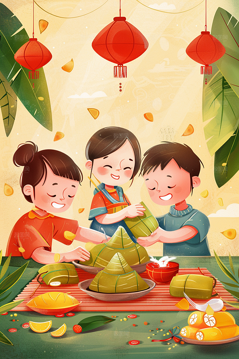 端午包粽子粽叶糯米插画