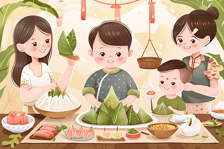 端午包粽子糯米粽叶插画