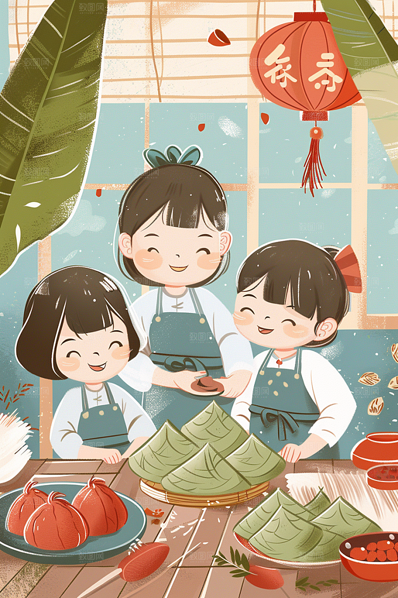 端午包粽子美味小吃插画