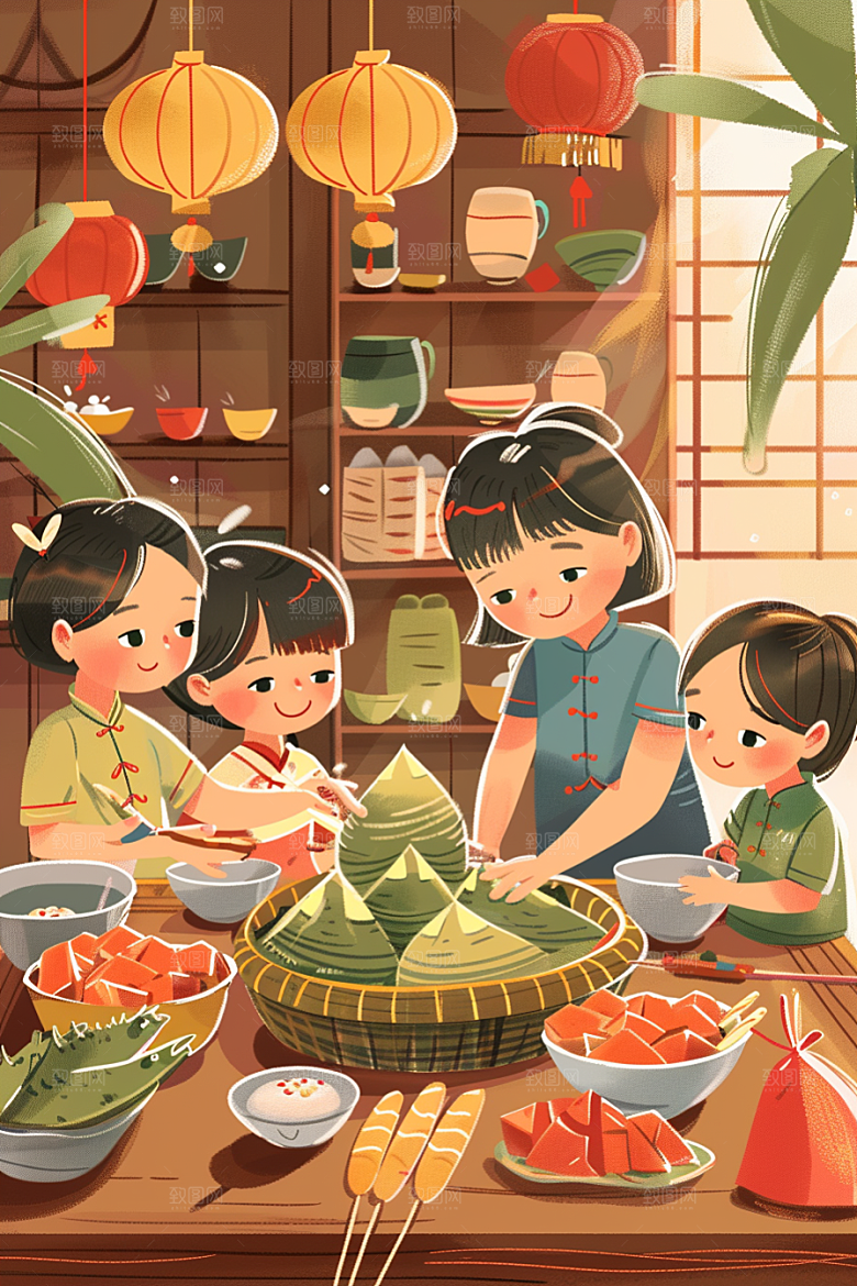 端午包粽子传统文化节日插画