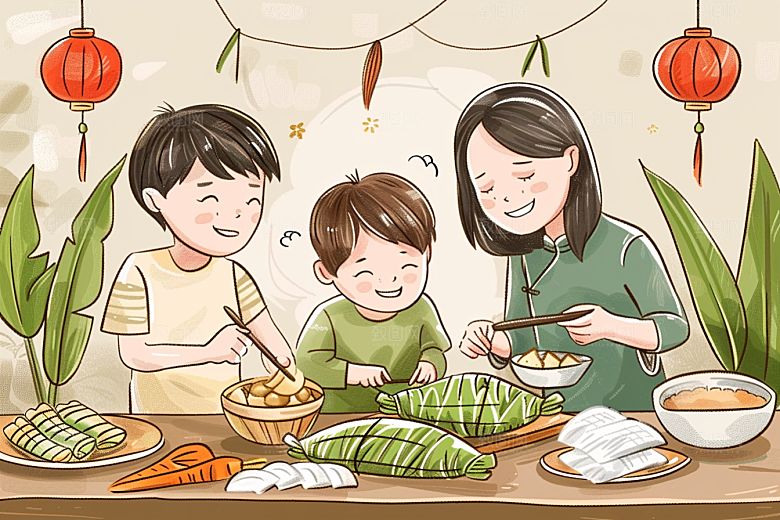 端午包粽子高清阖家团聚插画