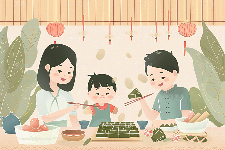 端午包粽子节日氛围小吃插画
