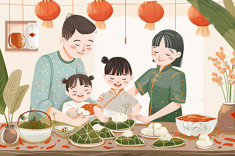 端午包粽子温馨手绘插画