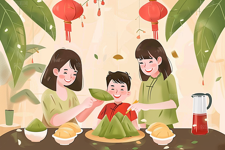 端午包粽子阖家团聚端午节插画