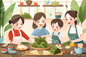 端午包粽子温馨糯米插画