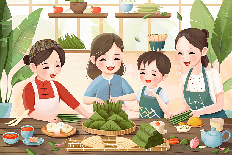 端午包粽子温馨糯米插画
