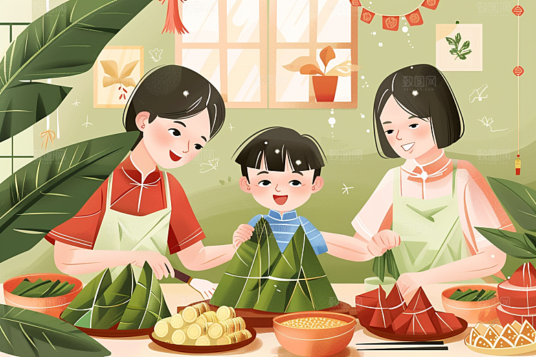 端午包粽子传统文化阖家团聚插画