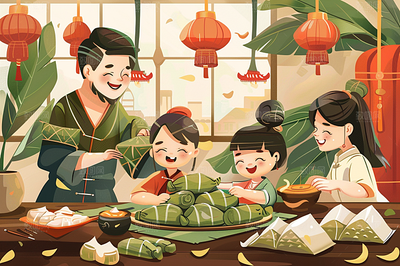 端午包粽子手绘传统文化插画