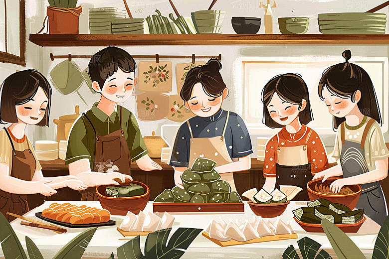 端午包粽子端午节美食插画