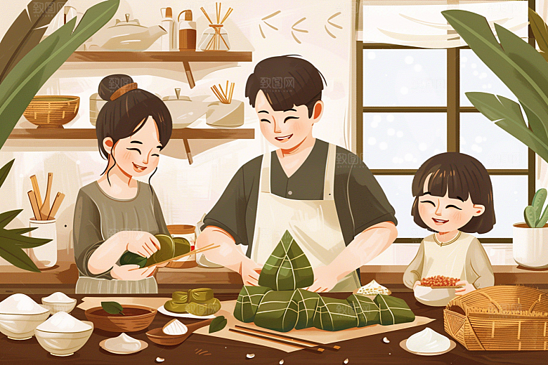 端午包粽子幸福温馨插画