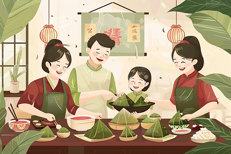 端午包粽子手绘美味插画