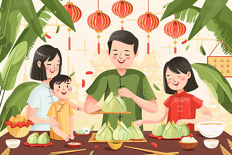 端午包粽子高清节日氛围插画