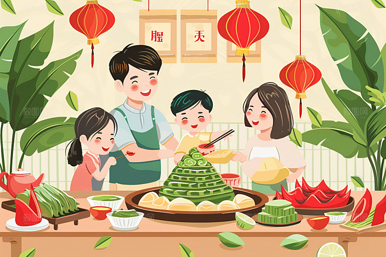 端午包粽子手绘节日插画