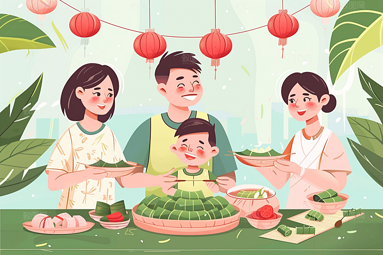 端午包粽子小吃节日氛围插画
