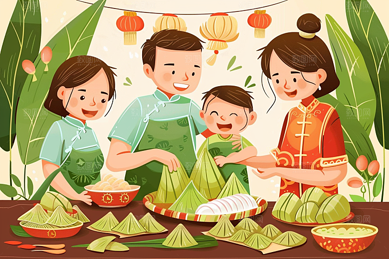 端午包粽子手绘幸福插画