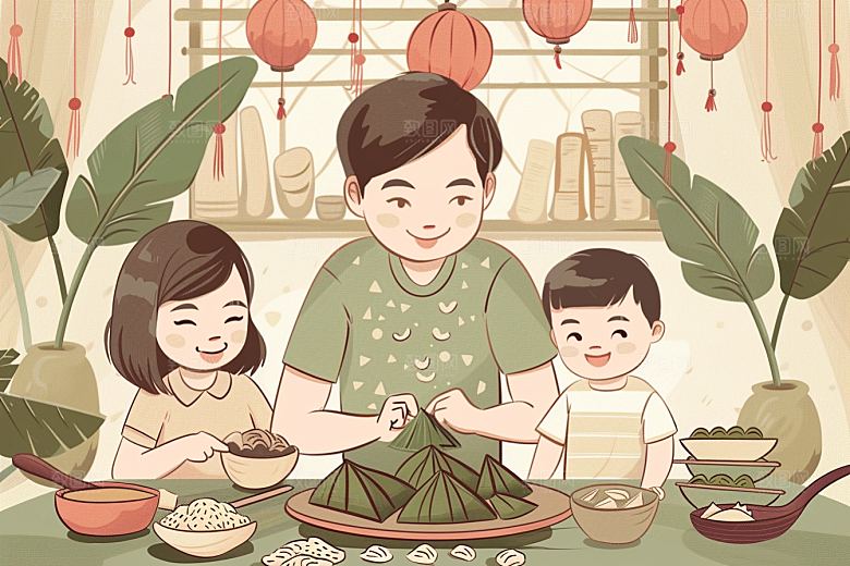 端午包粽子节日氛围粽叶插画