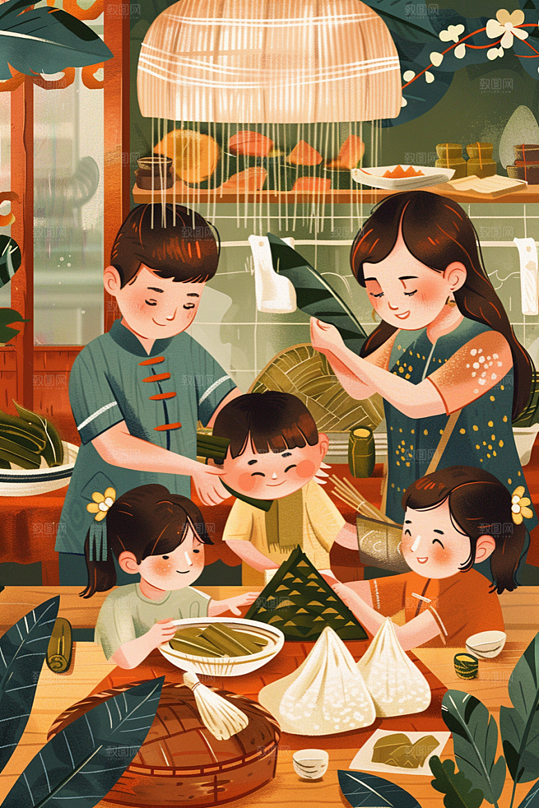 端午包粽子幸福阖家团聚插画