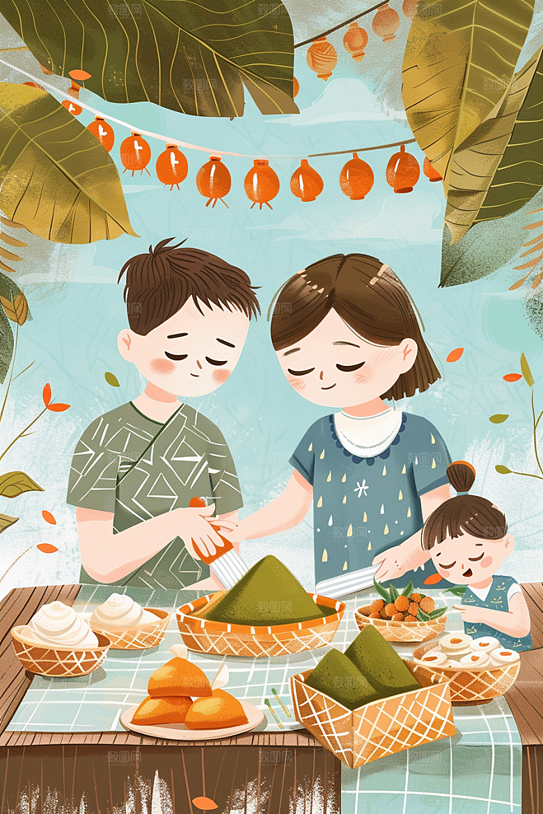 端午包粽子小吃习俗插画