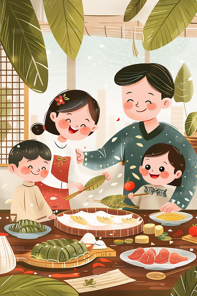 端午包粽子美味习俗插画