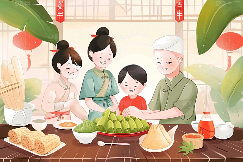 端午包粽子温馨阖家团聚插画